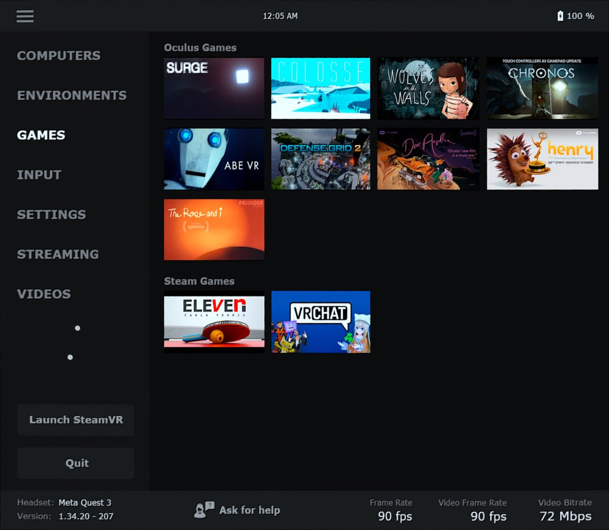 The Games tab listing installed PCVR titles