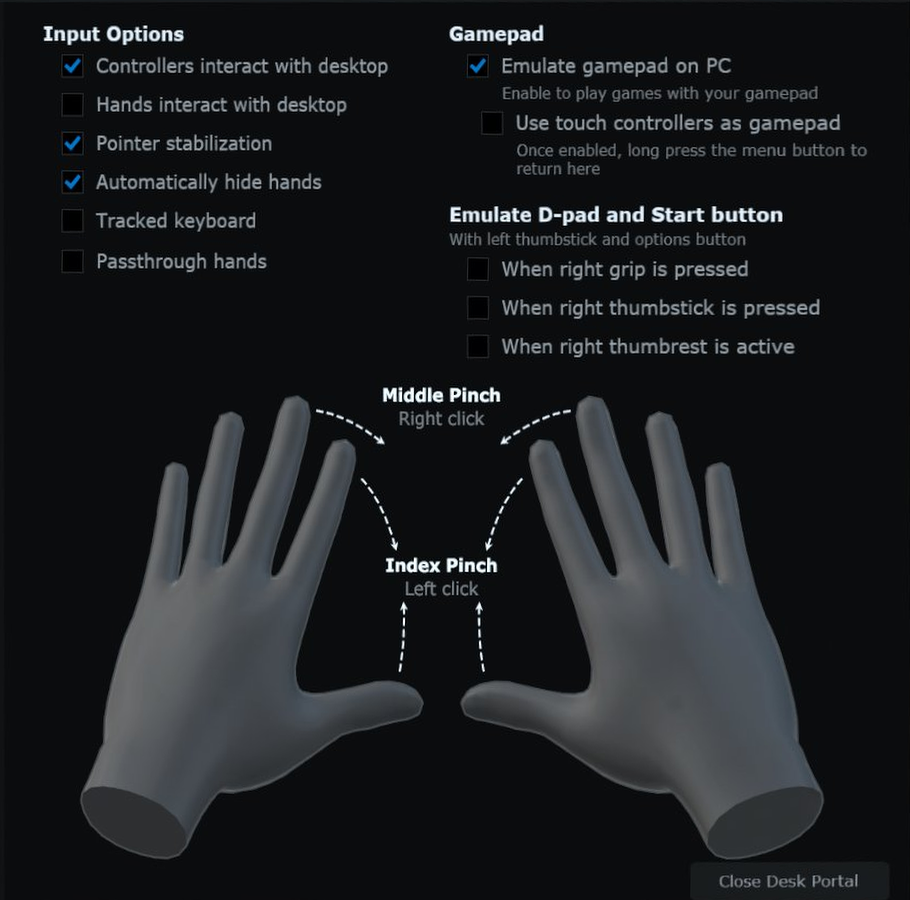 Hand tracking input settings