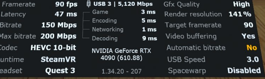 The performance overlay while streaming over USB-C Ethernet, showing 1 ms networking time