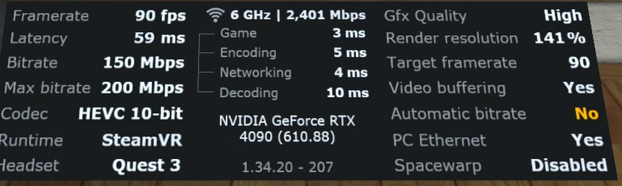 The performance overlay while streaming over Wi-Fi, showing 90 fps on 6 GHz